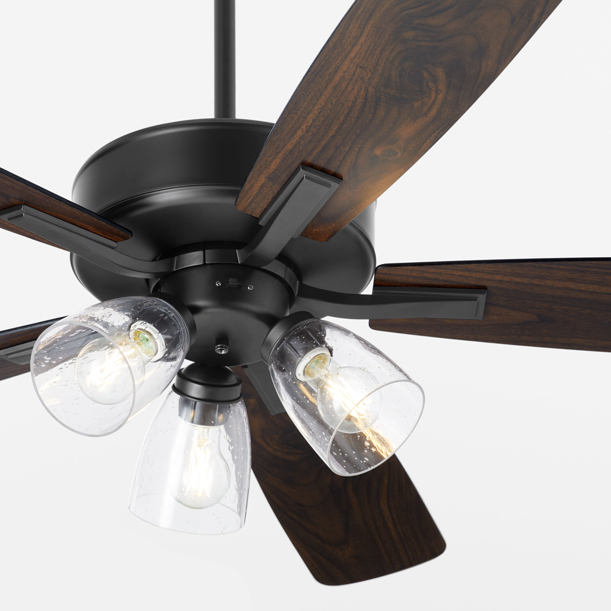 Ovation 52 inch Matte Black with Matte Black/Walnut Blades Ceiling Fan in 3 Light Clear Seeded Glass Shades