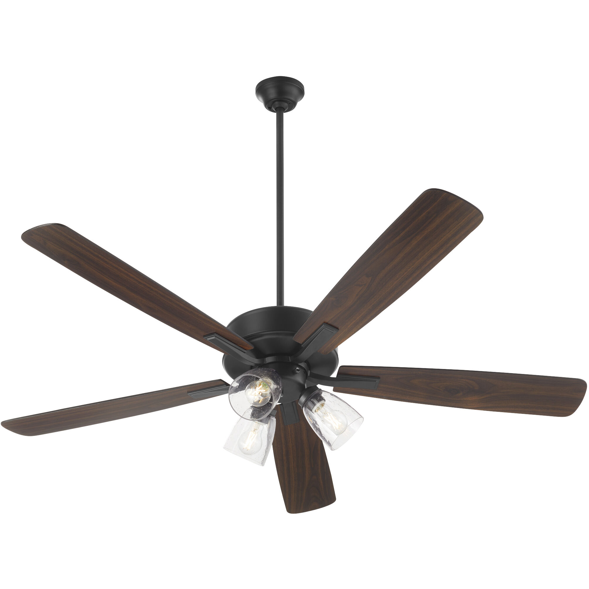 Ovation 52 inch Matte Black with Matte Black/Walnut Blades Ceiling Fan in 3 Light Clear Seeded Glass Shades