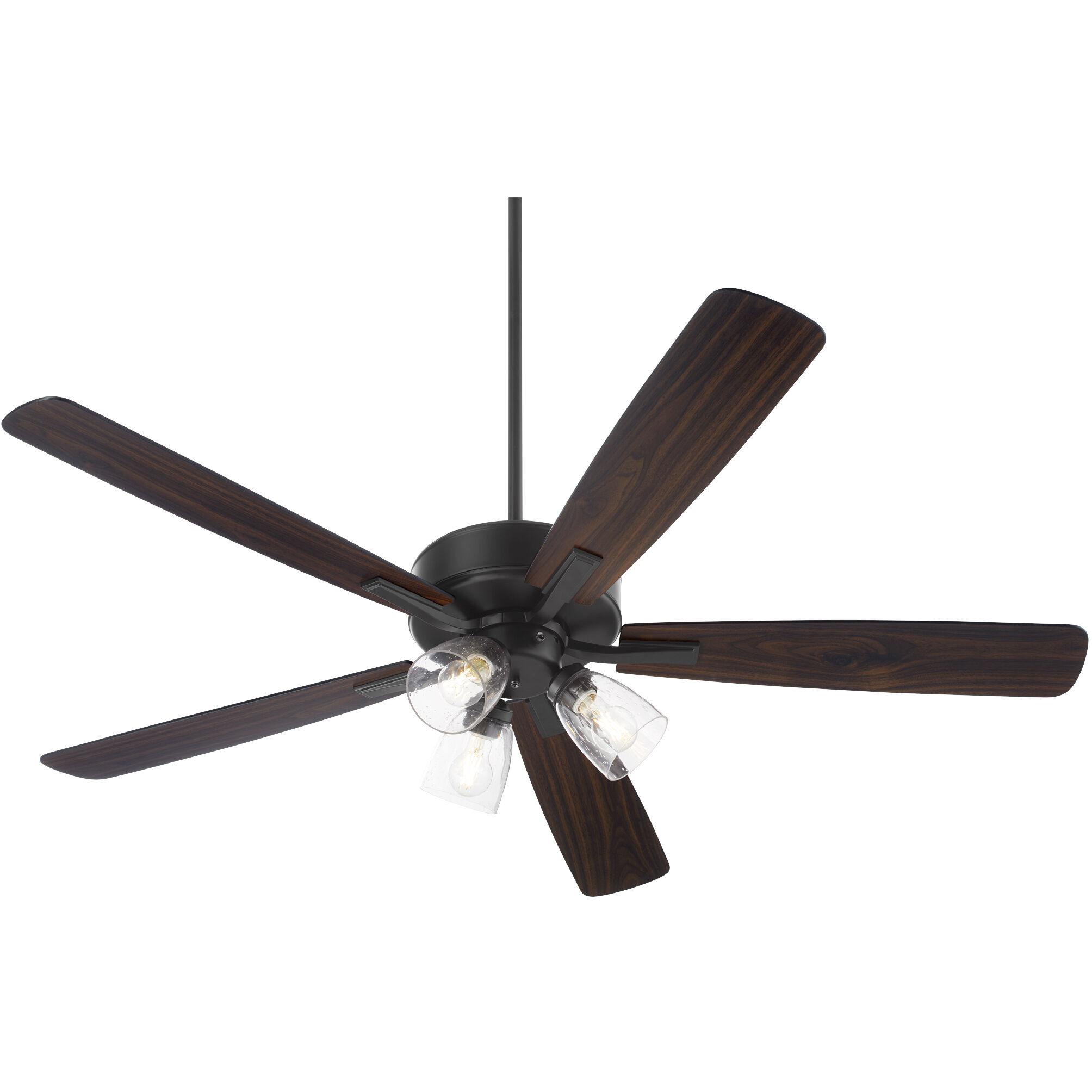 Ovation 52 inch Matte Black with Matte Black/Walnut Blades Ceiling Fan in 3 Light Clear Seeded Glass Shades