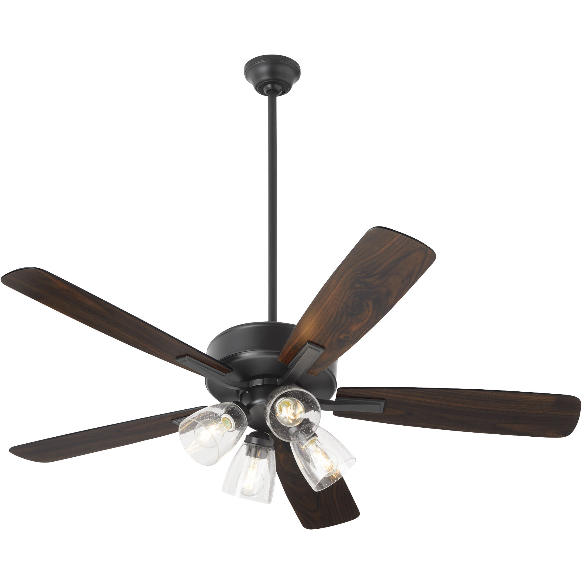 Ovation 52 inch Matte Black with Matte Black/Walnut Blades Ceiling Fan in 4 Light Clear Seeded Glass Shades