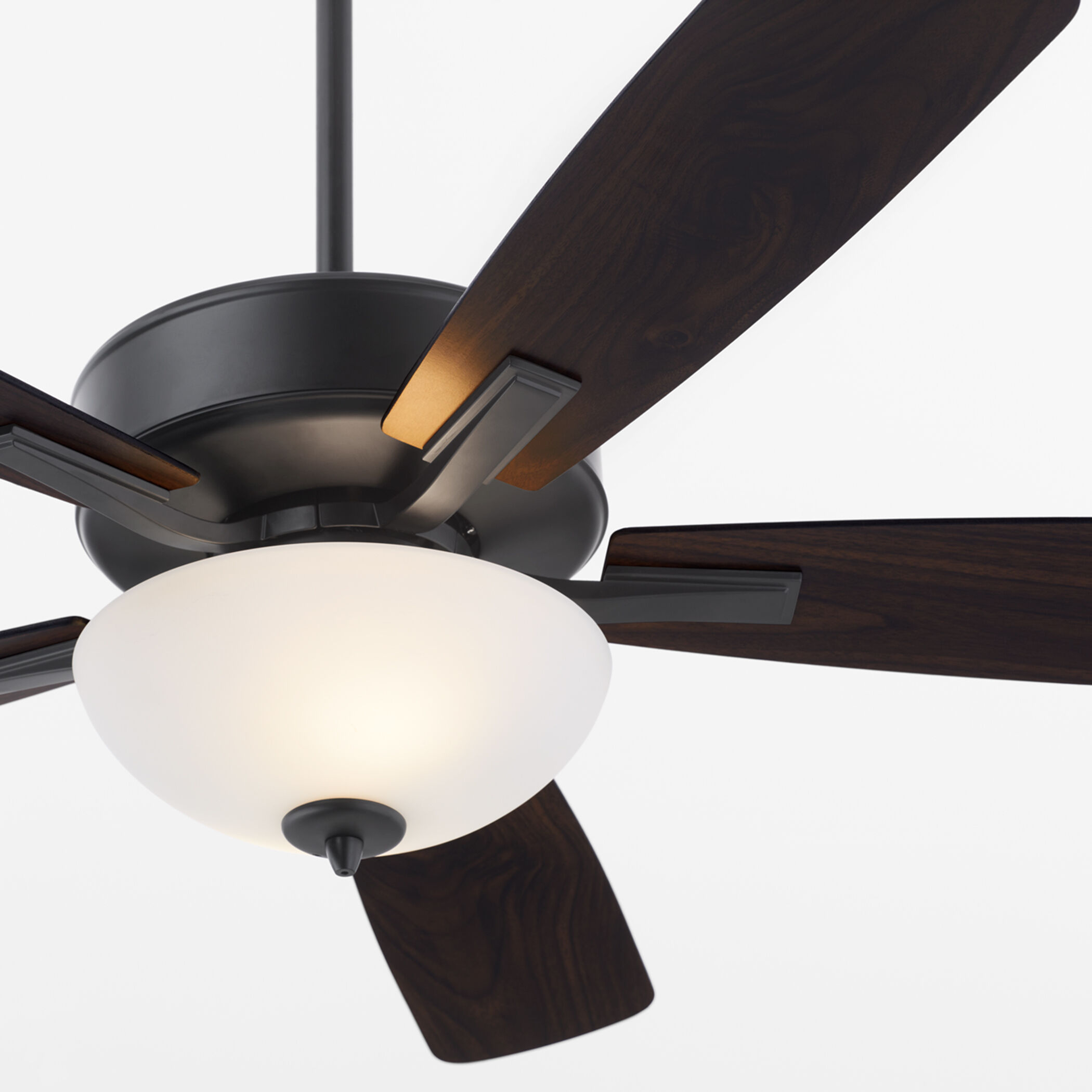 Ovation 52 inch Matte Black with Matte Black/Walnut Blades Ceiling Fan in 2 Light Satin Opal Glass Bowl